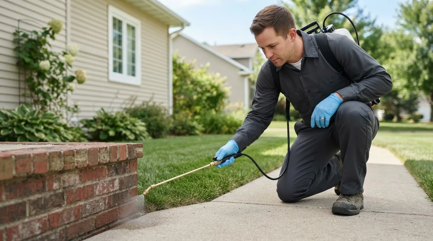 Pest control technician treating a home near Marshall, MN